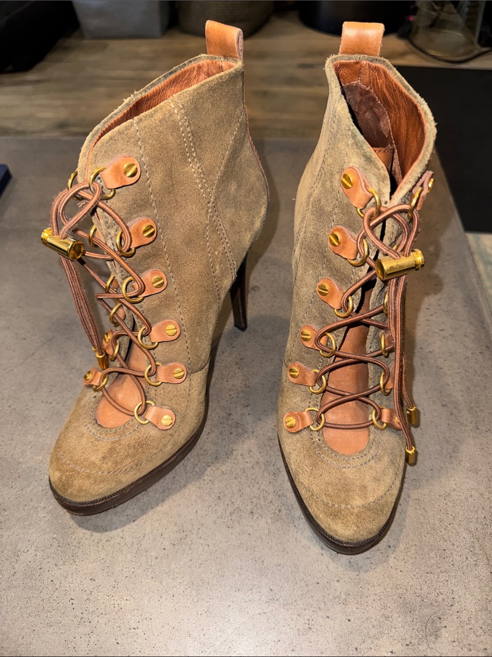 Tory Burch Taupe Suede Lace-Up Ankle Boots with Gold Hardware